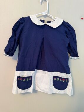 The Proper Peony Navy and White Peter Pan Collar Dress with Embroidered Pockets